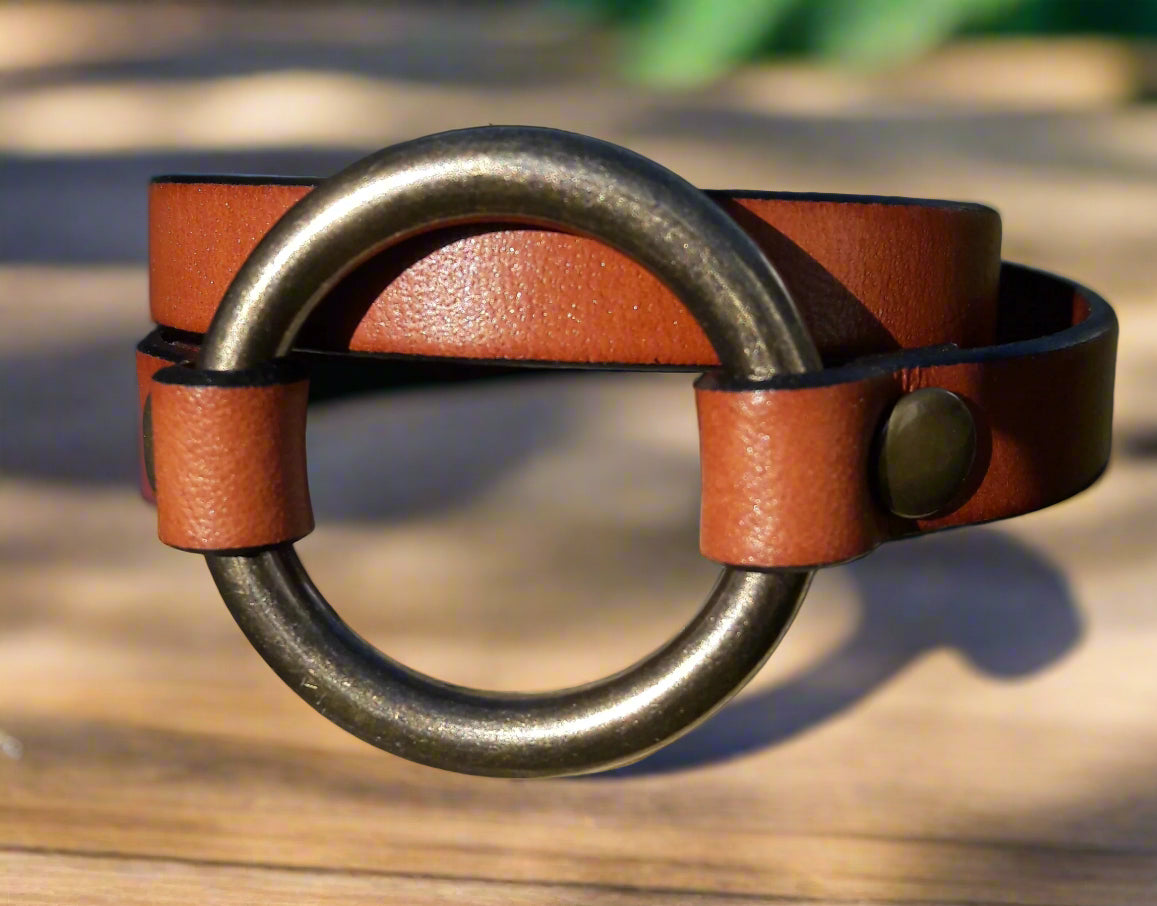 Brass Ring leather bracelet - vintage ring bracelet for men
