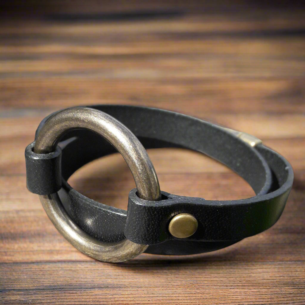 Brass Ring leather bracelet - vintage ring bracelet for men