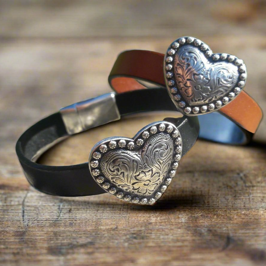 Heart Leather bracelet - Southwest bling concho bracelet