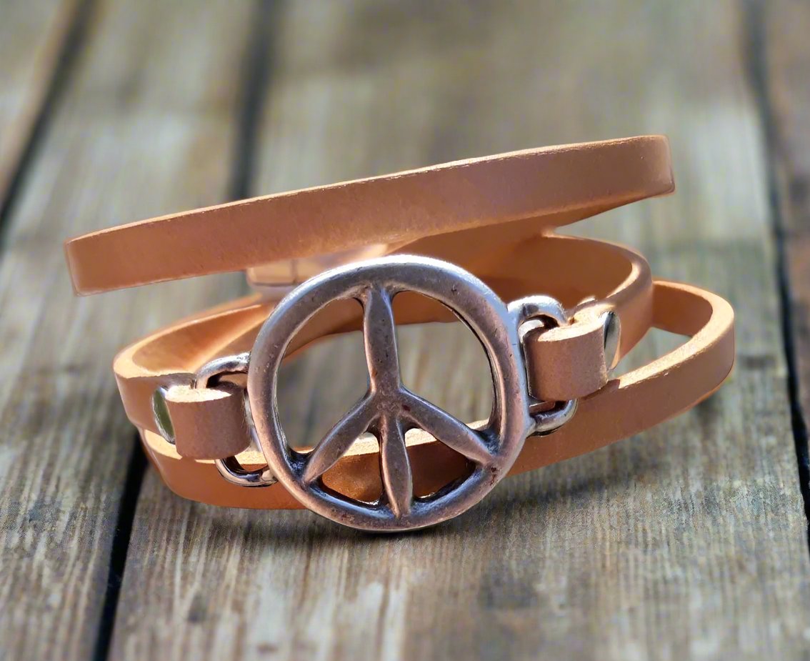 Peace Symbol leather Double wrap Bracelet - Peace Sign