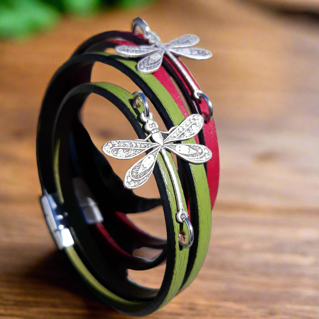 Dragonfly leather wrap bracelet