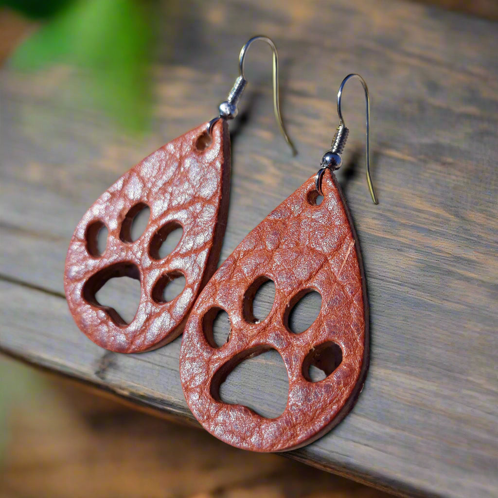 Leather Dog Paw Earrings: Handcrafted Dangle earrings, Pet Lover Gift