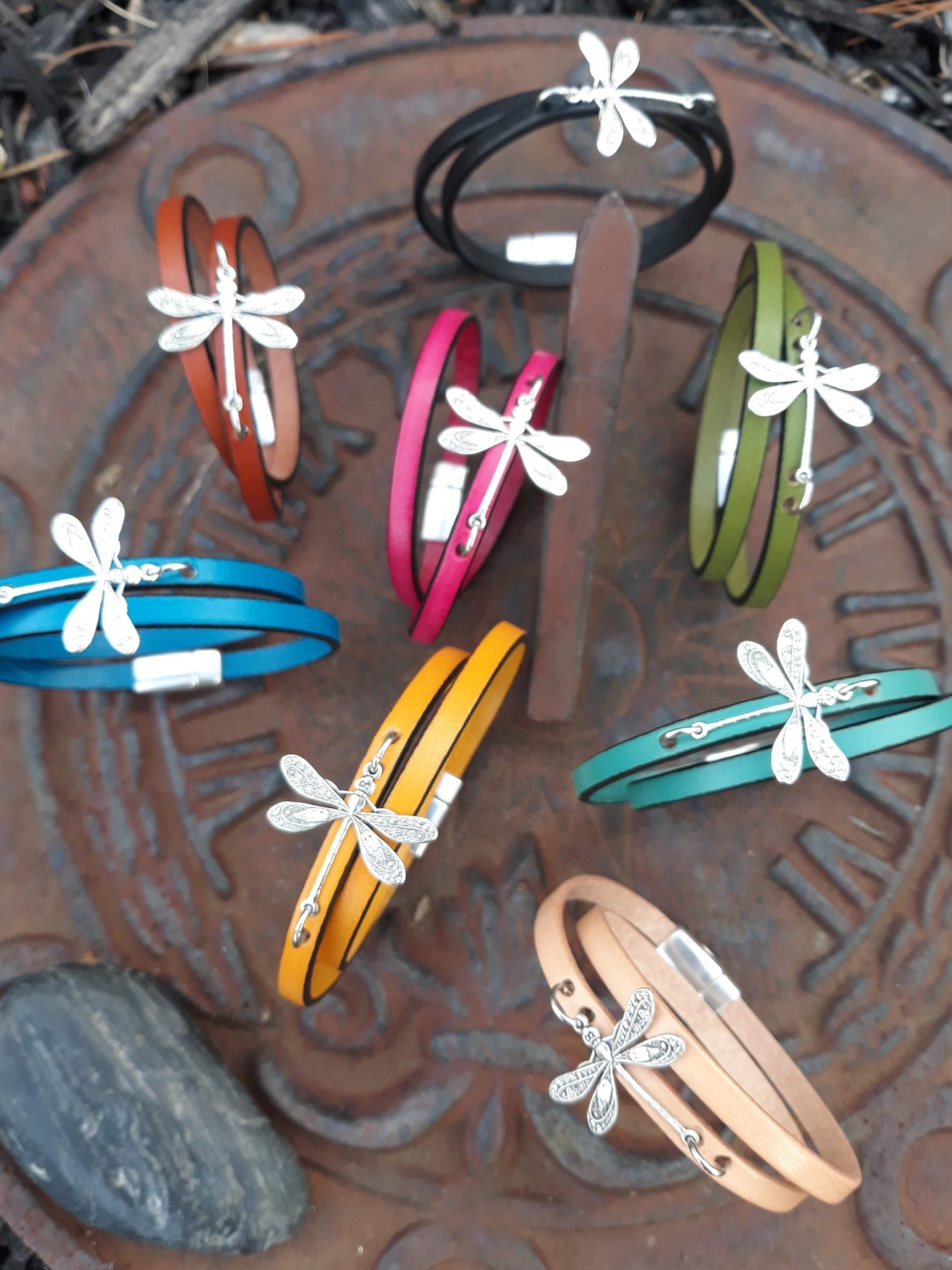 Dragonfly leather wrap bracelet