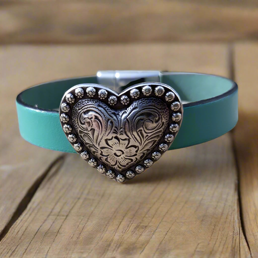 Heart Leather bracelet - Southwest bling concho bracelet