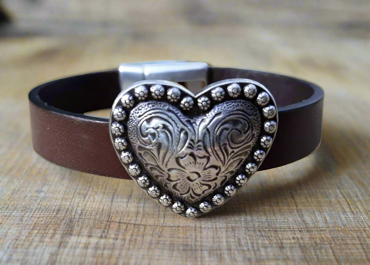 Heart Leather bracelet - Southwest bling concho bracelet