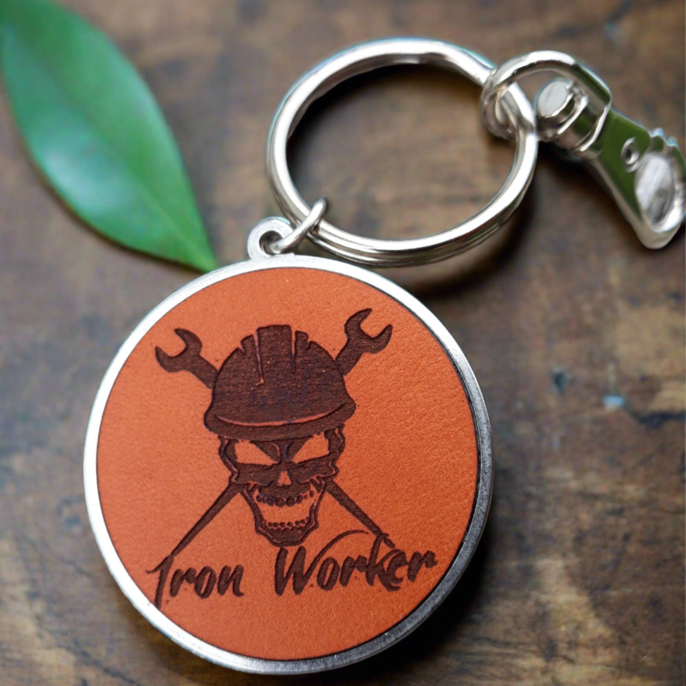 Iron worker journeyman spud wrench engraved Leather keychain