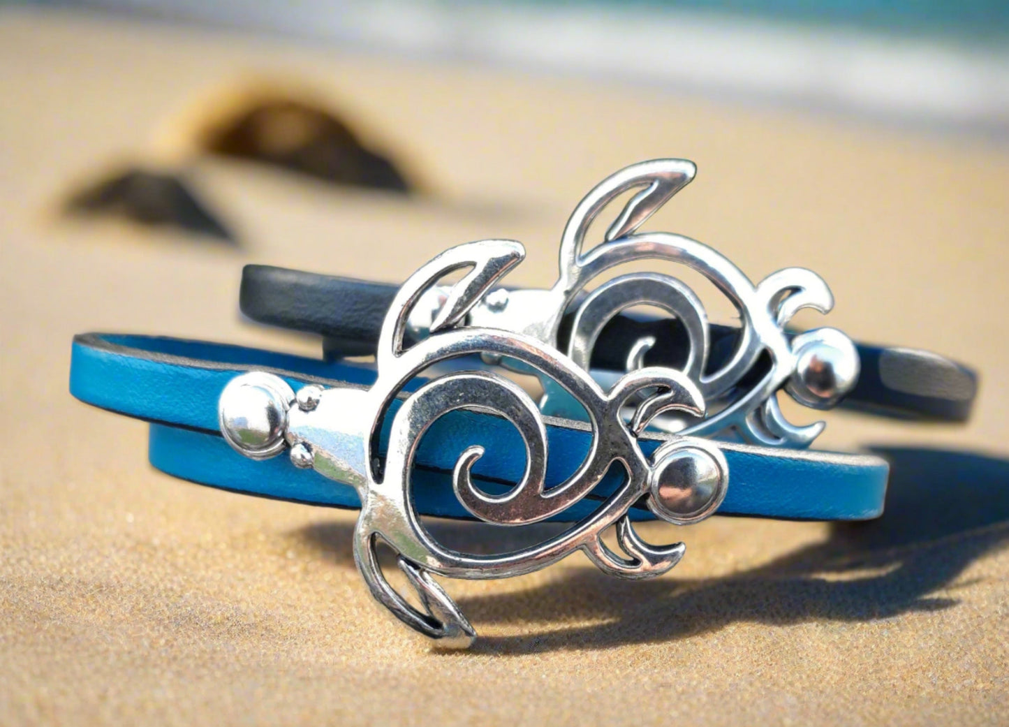 Sea Turtle leather bracelet - Large sea turtle double wrap around