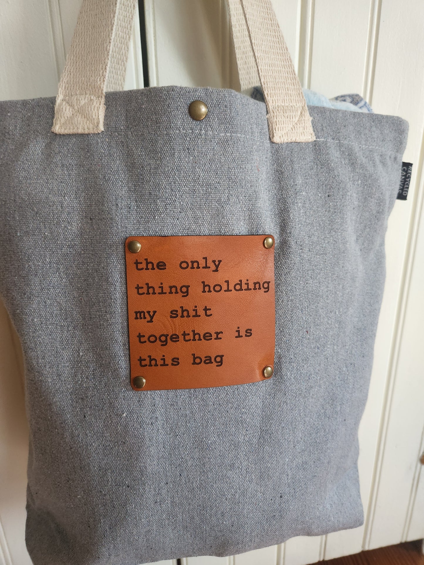 Recycled Canvas Tote Bag with leather design patch
