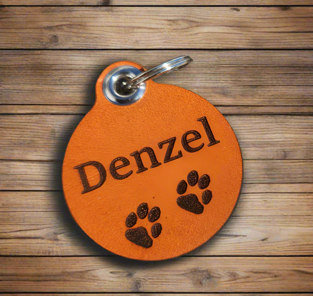 Quiet Leather Dog Id Tag- Name & 2 paws