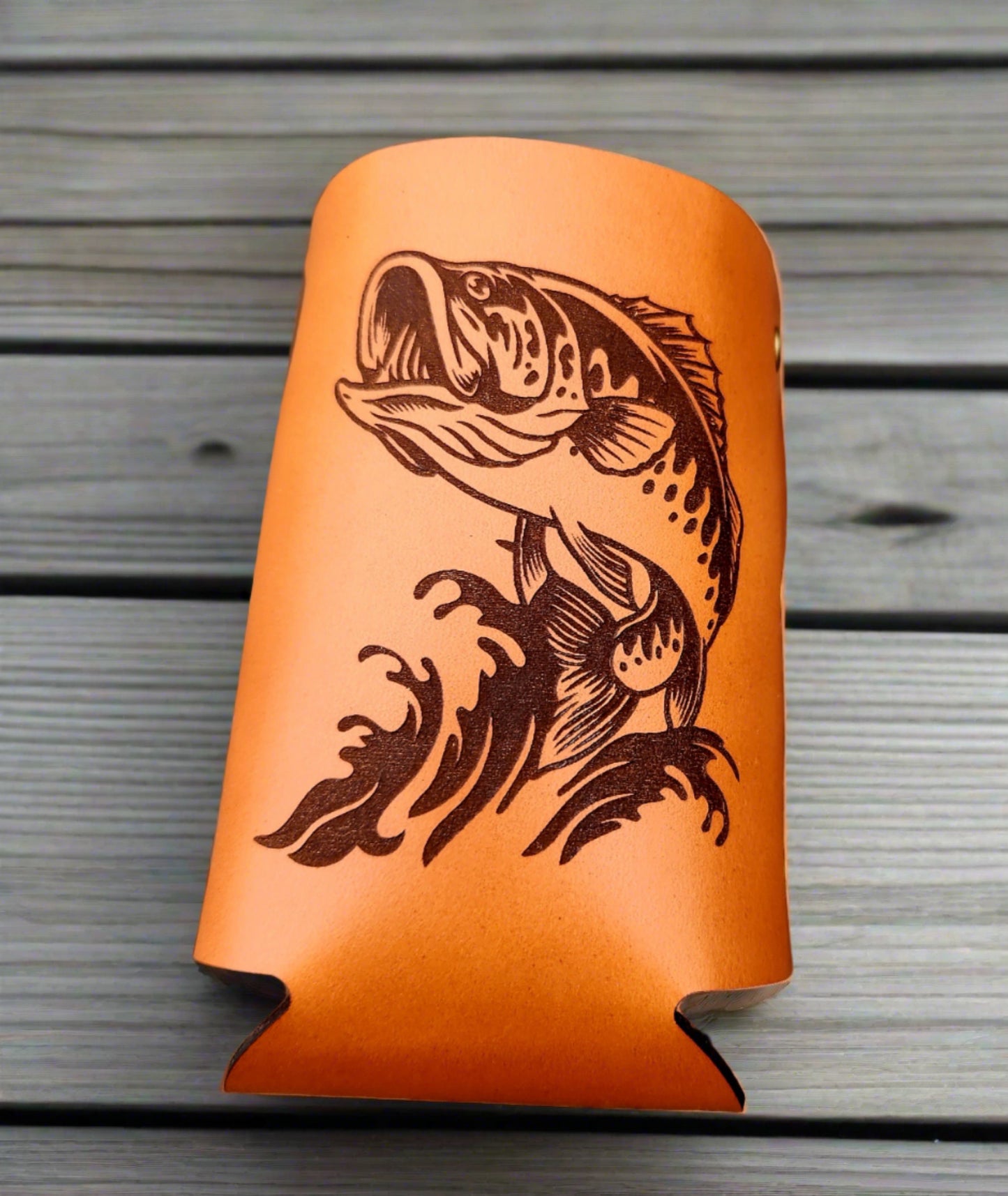 Bass Fish leather beer can Cozie - custom can holder