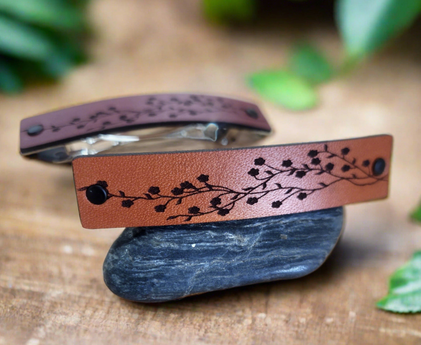 Flower Vine engraved leather barrette - French Barrette
