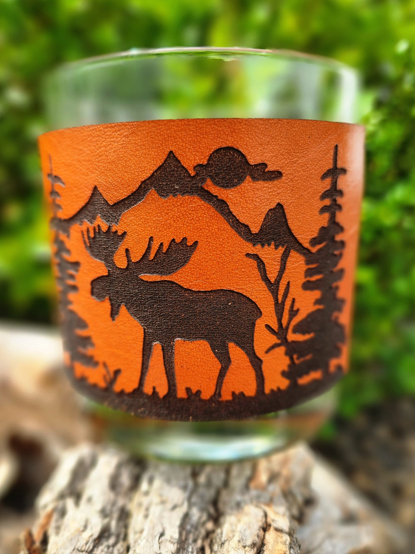 Moose Whiskey glass leather wrap - Cabin theme barware