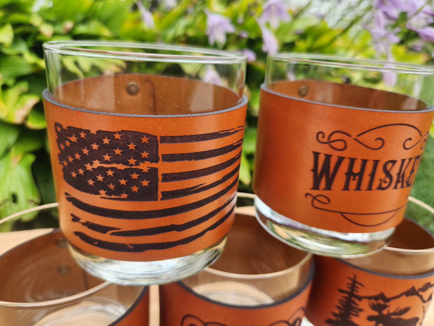 Whiskey rocks glass with engraved Leather wrap - Custom Barware