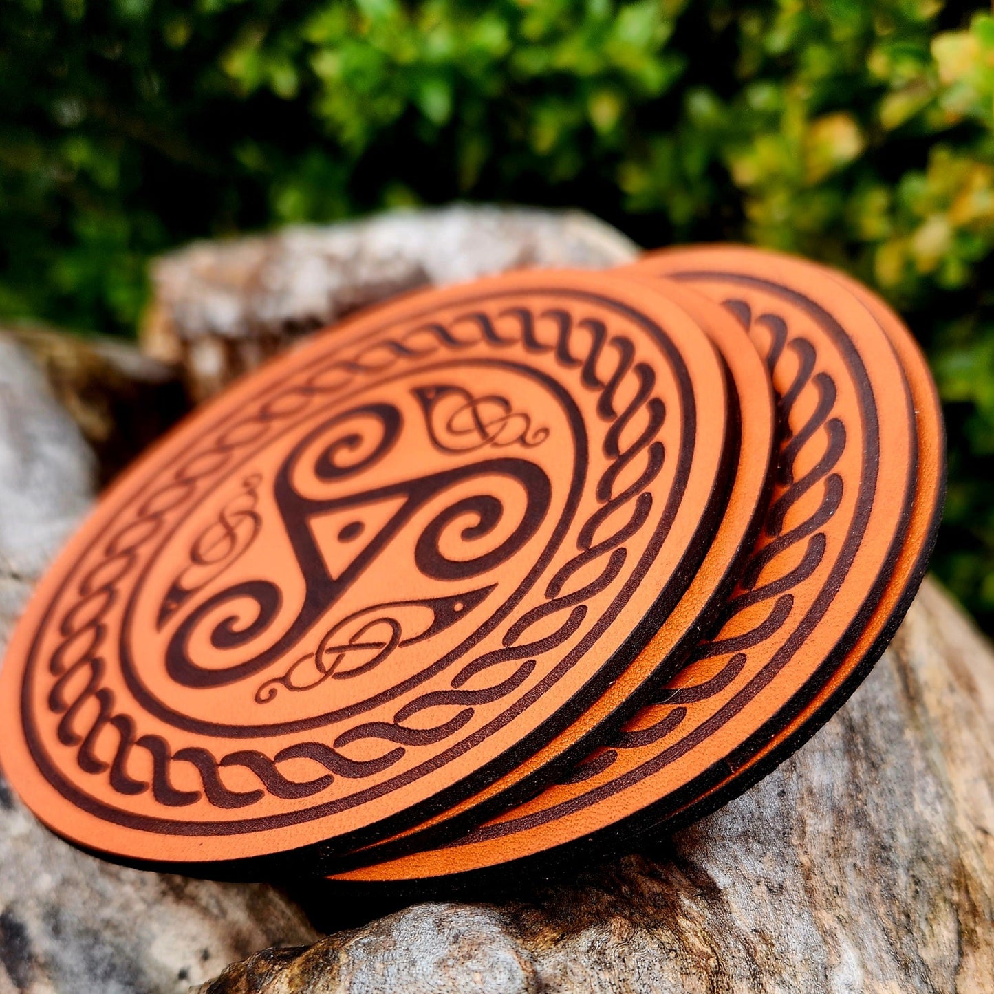 Celtic Triskelion Leather Coaster Set