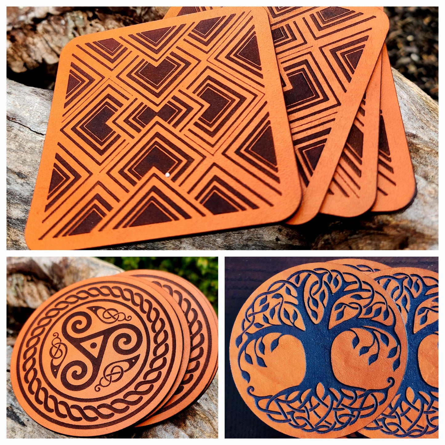 Celtic Triskelion Leather Coaster Set