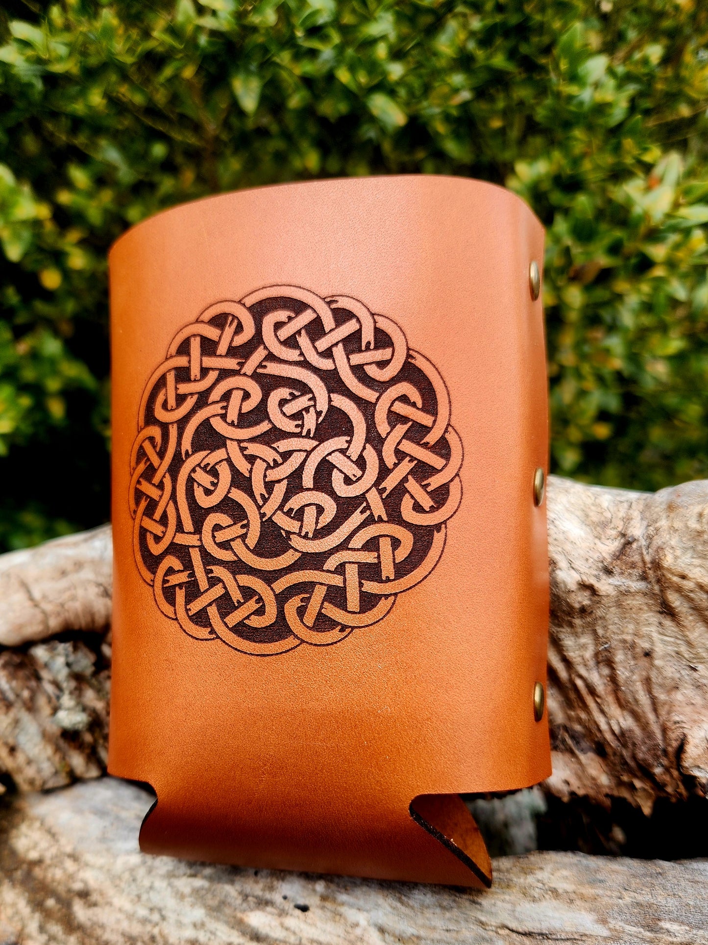 Celic Knot engraved Leather beverage cozie - beer can holder