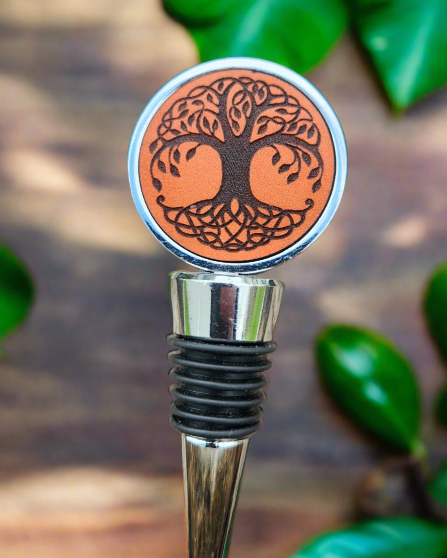 Tree Of Life Wine Bottle Stopper  - Leather Bar Ware