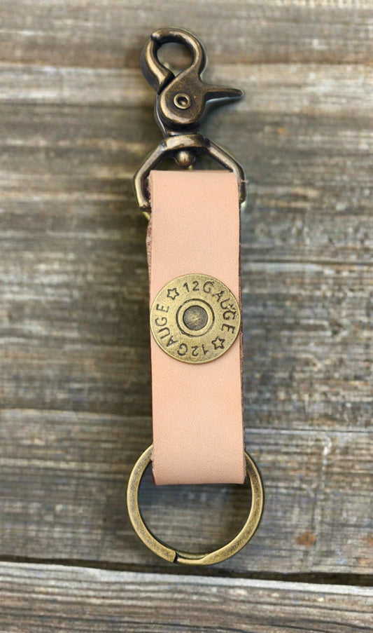 12 Gauge Shotgun Shell Leather Key ring with swivel hook
