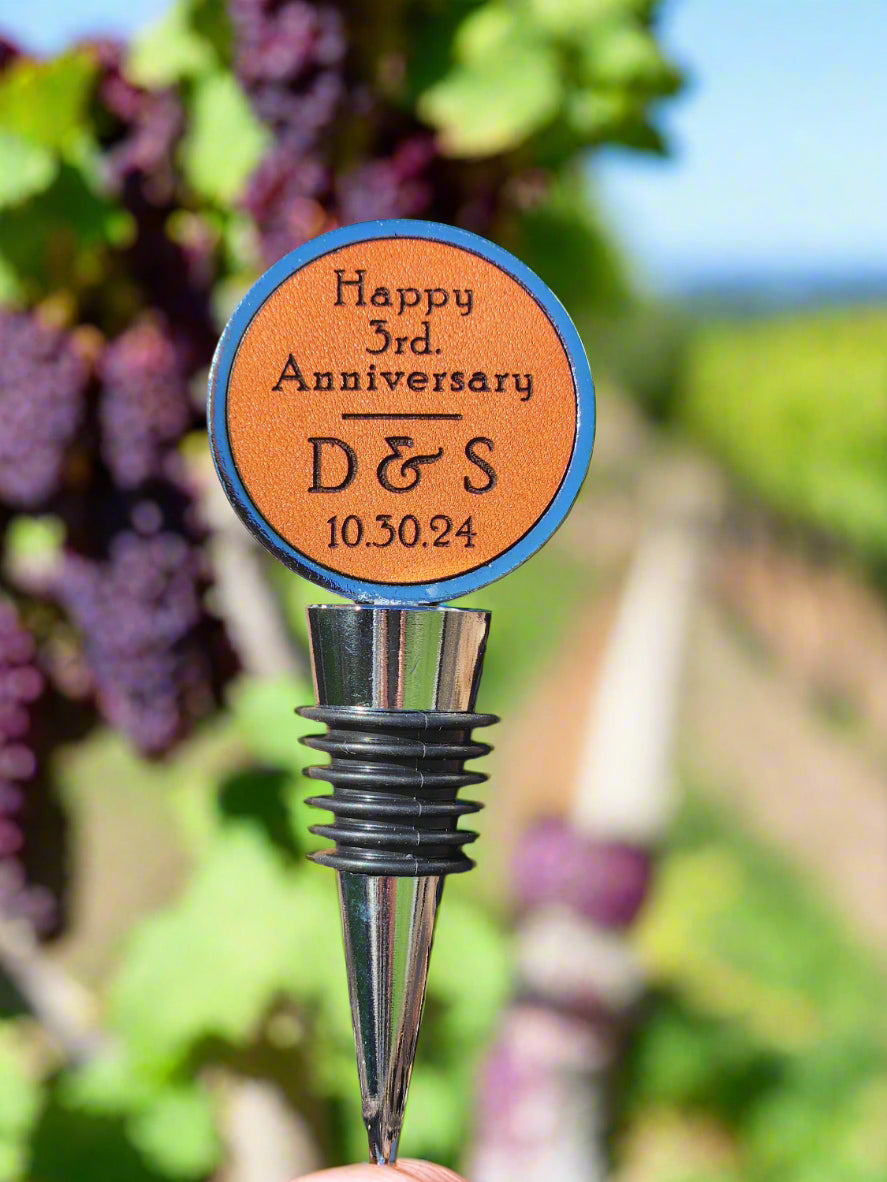 3rd Year Wedding Anniversary wine bottle stopper - gift for couple
