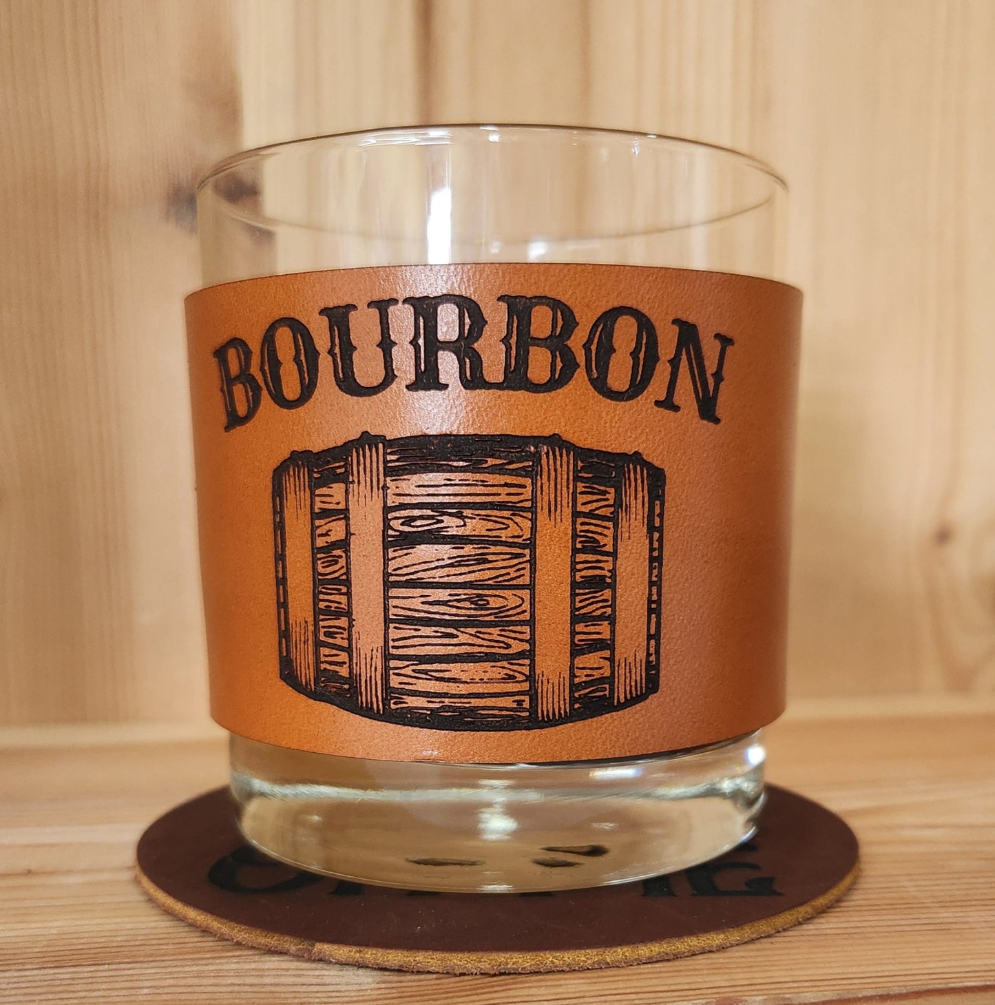 Bourbon glass with engraved Leather wrap - Custom Barware