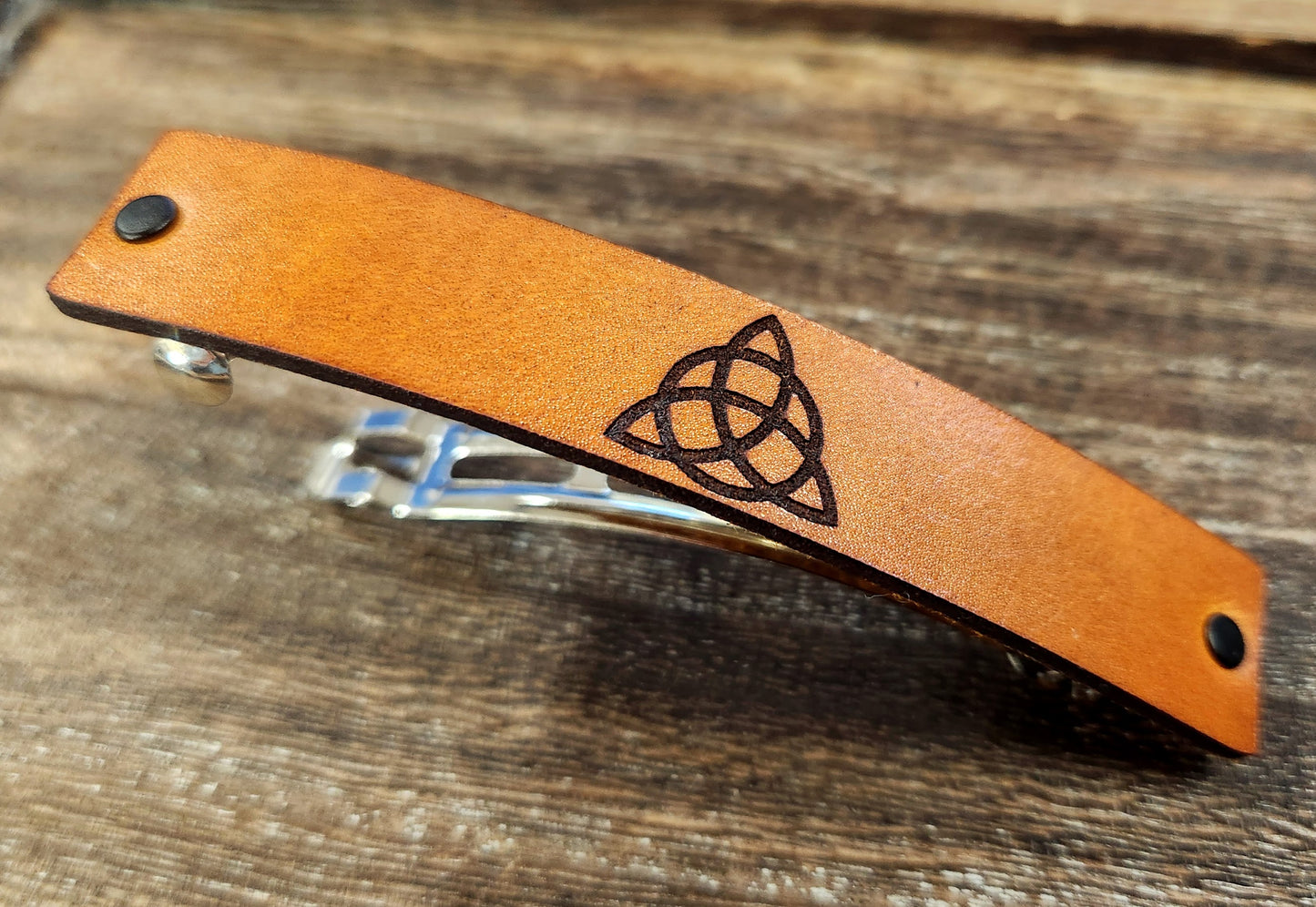 Celtic Triquetra knot Leather Barrette - Guy or girl barrette