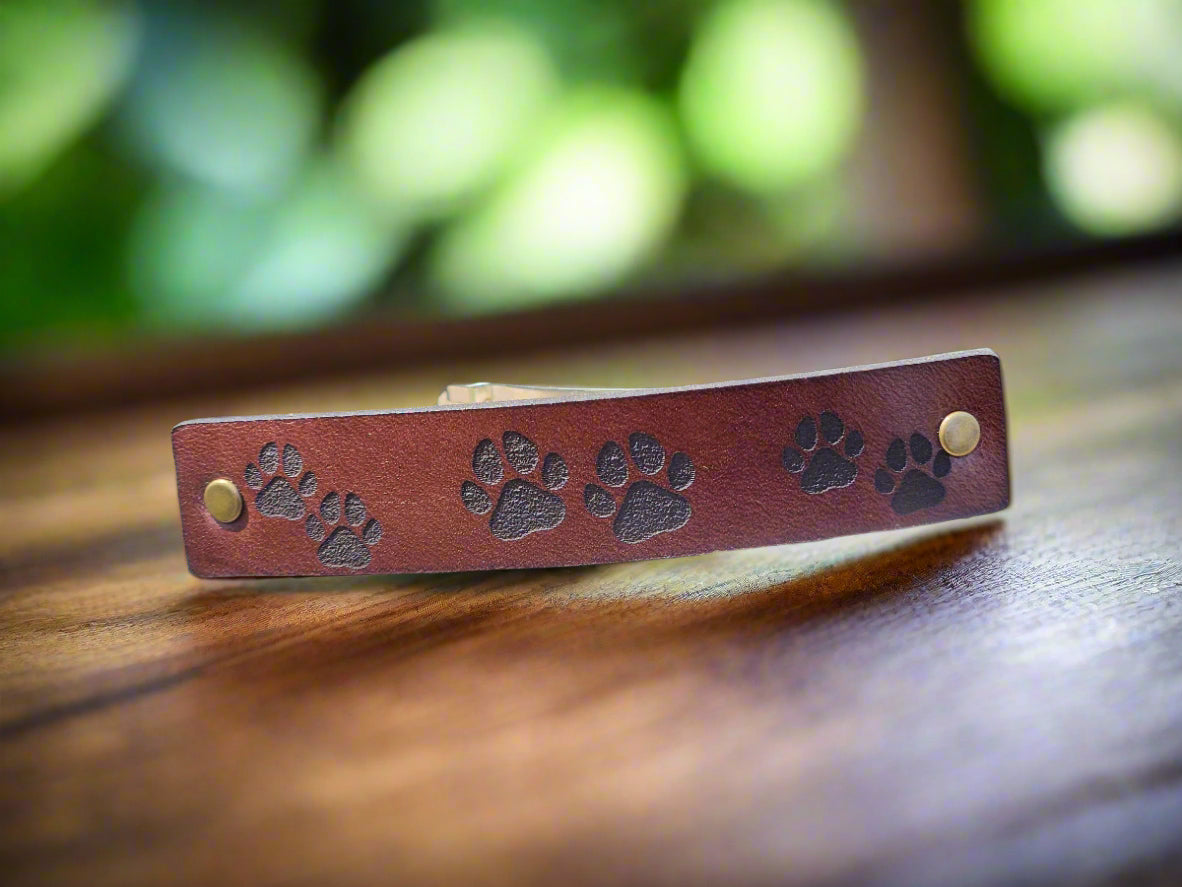 Dog Paws design leather barrette - engraved barrette