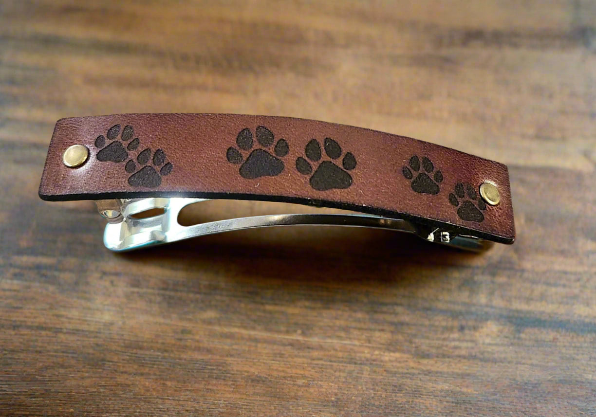 Dog Paws design leather barrette - engraved barrette