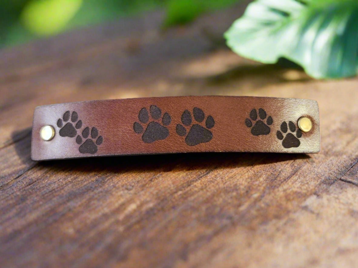 Dog Paws design leather barrette - engraved barrette