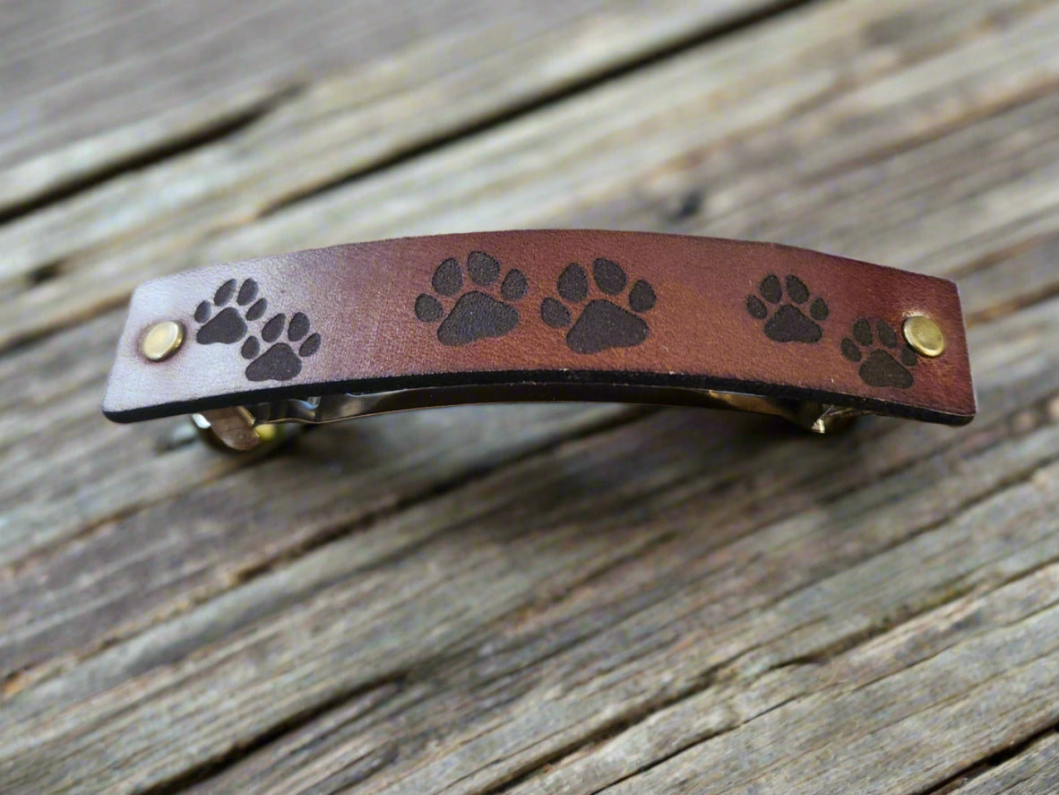 Dog Paws design leather barrette - engraved barrette