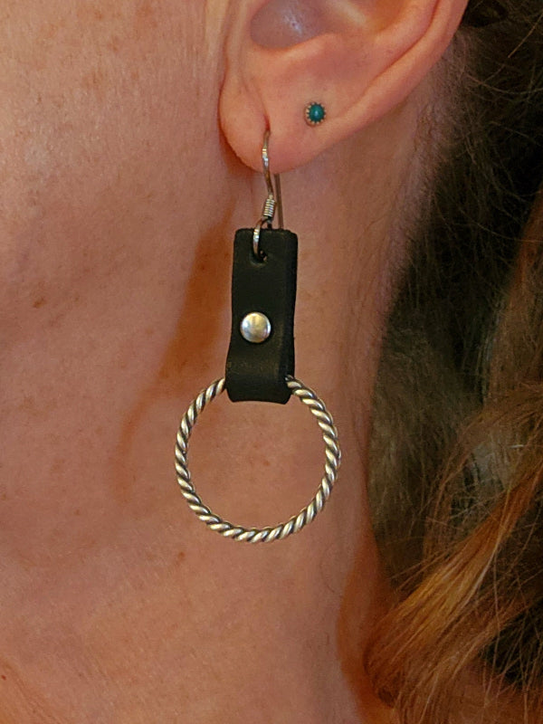 Silver Hoop and Leather Dangle Earrings