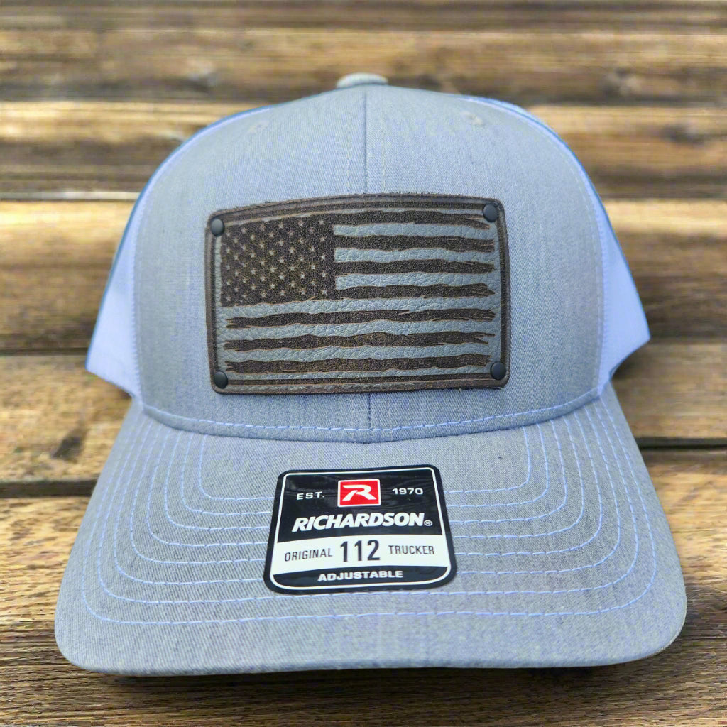 USA Flag Hat Grey Leather patch