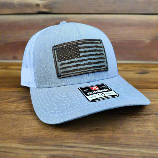 USA Flag Hat Grey Leather patch