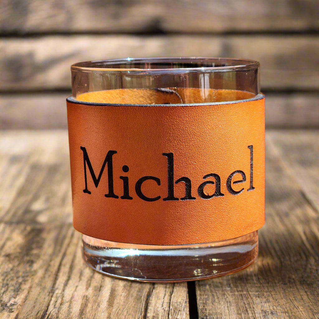 Personalized Bourbon/Whiskey Leather wrapped Glass set - Custom Barware