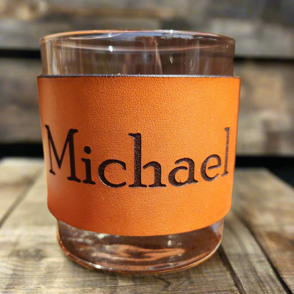 Personalized Bourbon/Whiskey Leather wrapped Glass set - Custom Barware