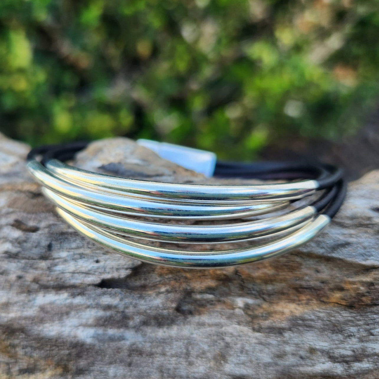 Silver Bars Leather Bangle bracelet