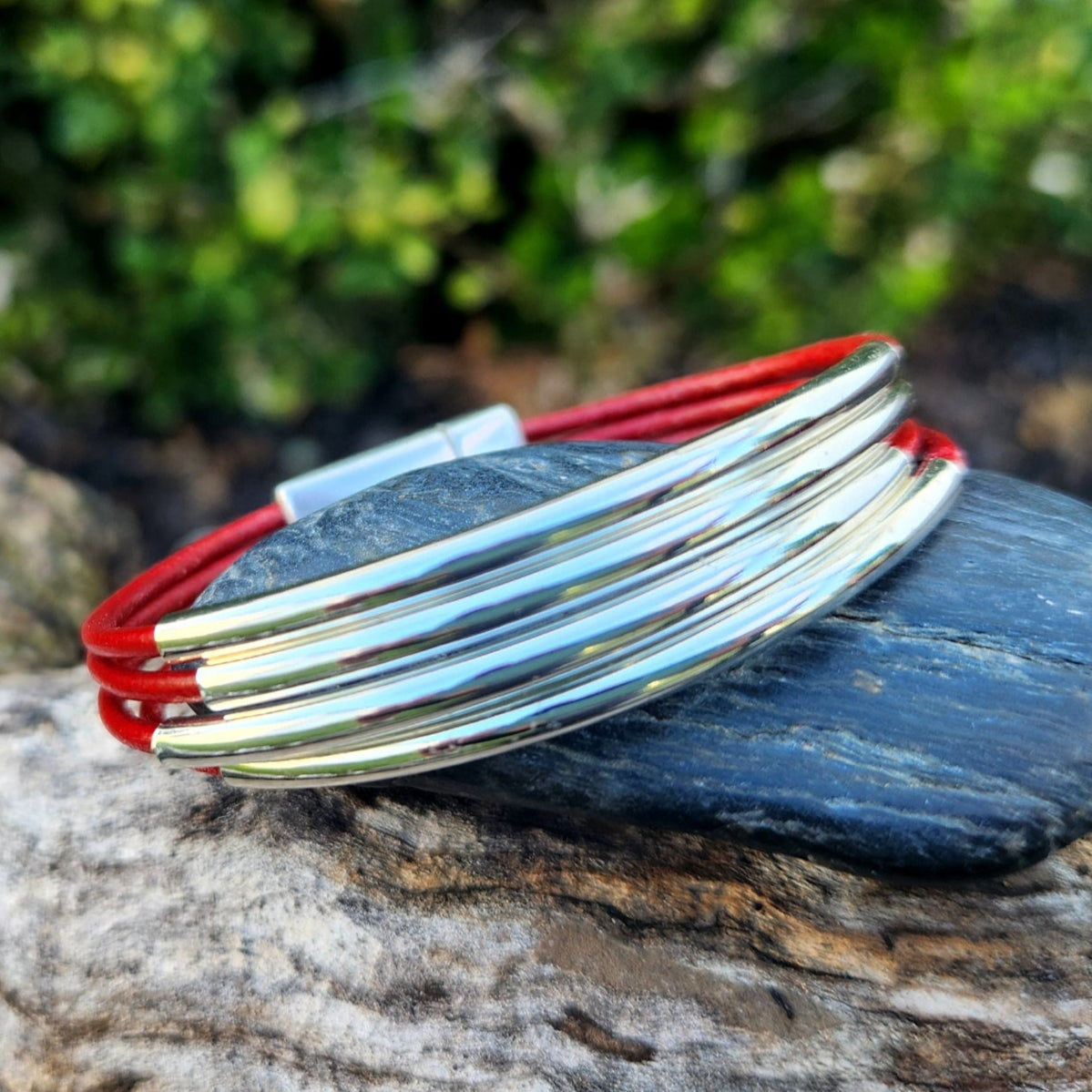 Silver Bars Leather Bangle bracelet