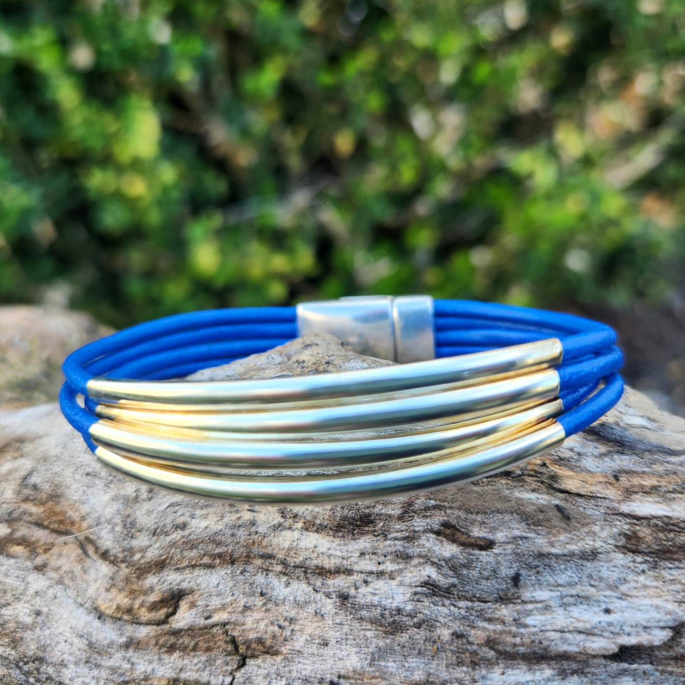 Silver Bars Leather Bangle bracelet