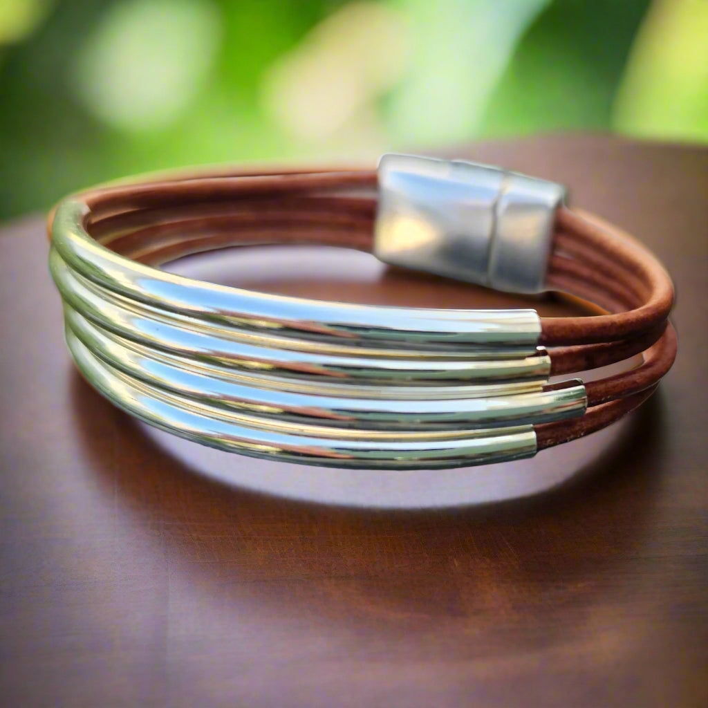 Silver Bars Leather Bangle bracelet