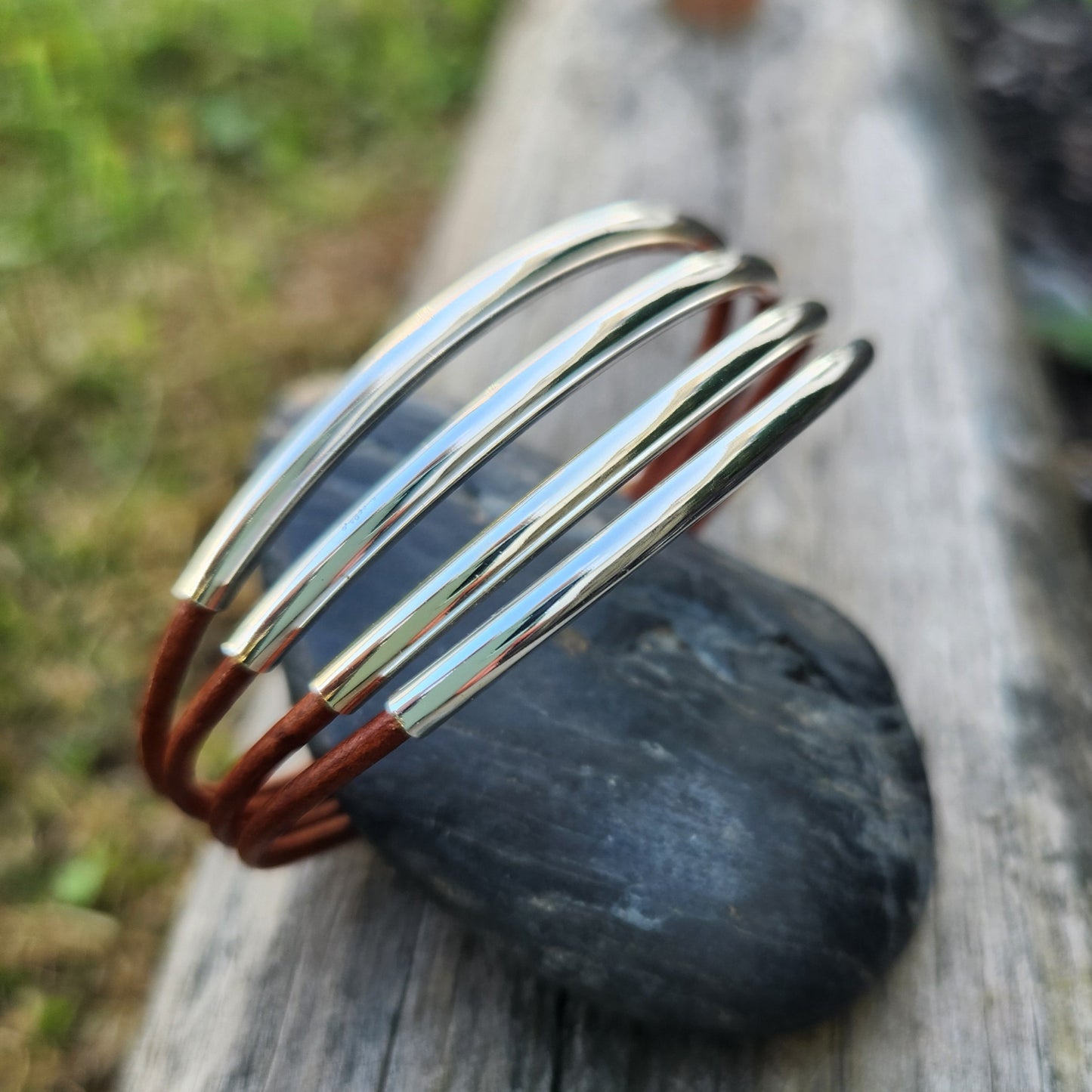 Silver Bars Leather Bangle bracelet