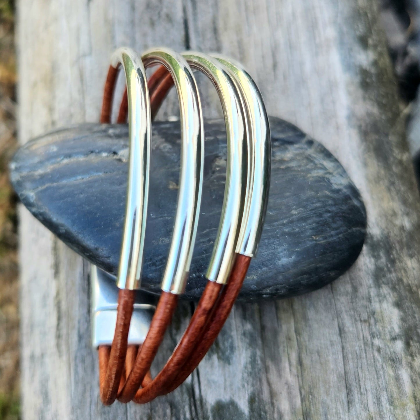 Silver Bars Leather Bangle bracelet