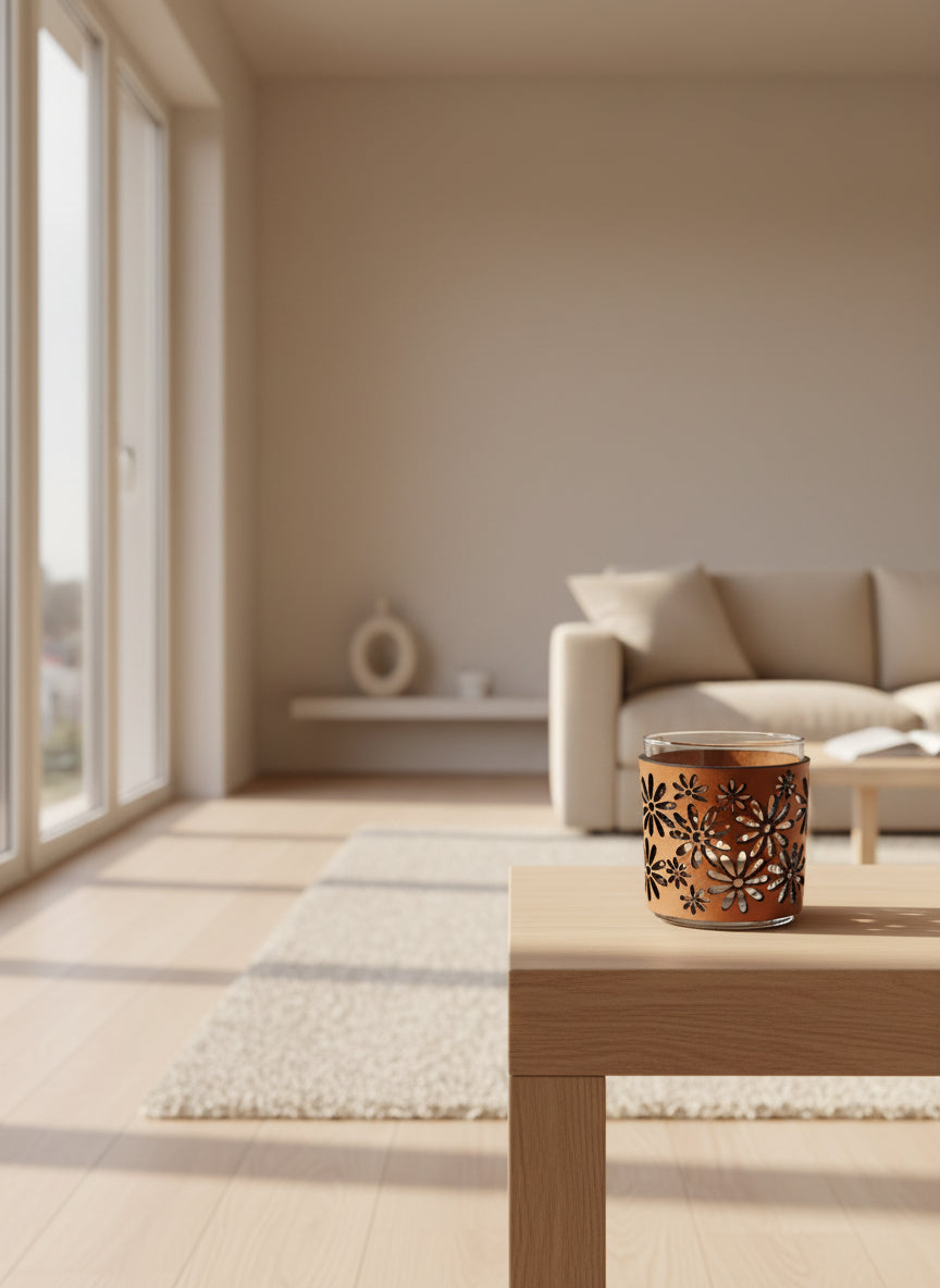 Daisy Flowers Leather wrapped candle set