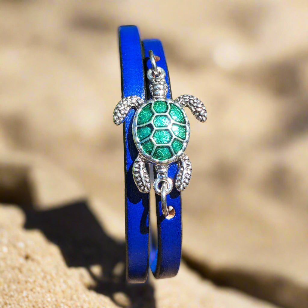 Sea Turtle with Green shell leather bracelet - Double wrap bracelet