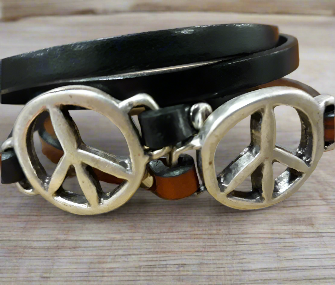Peace Symbol leather Double wrap Bracelet - Peace Sign