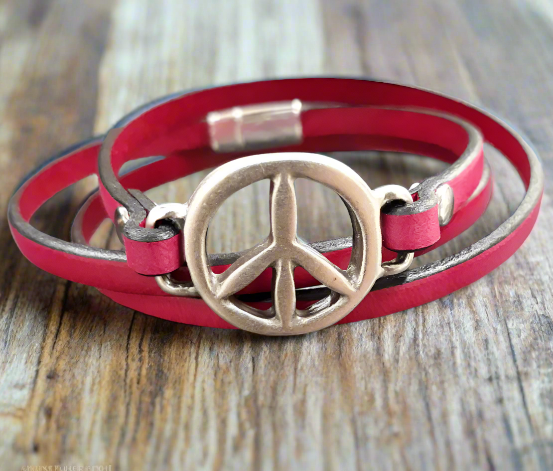 Peace Symbol leather Double wrap Bracelet - Peace Sign