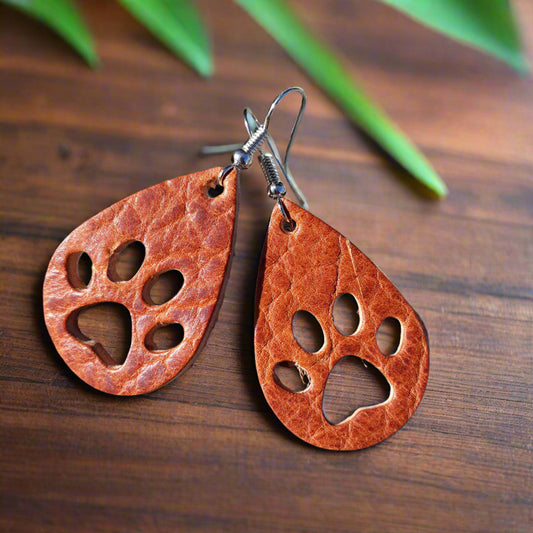 Leather Dog Paw Earrings: Handcrafted Dangle earrings, Pet Lover Gift