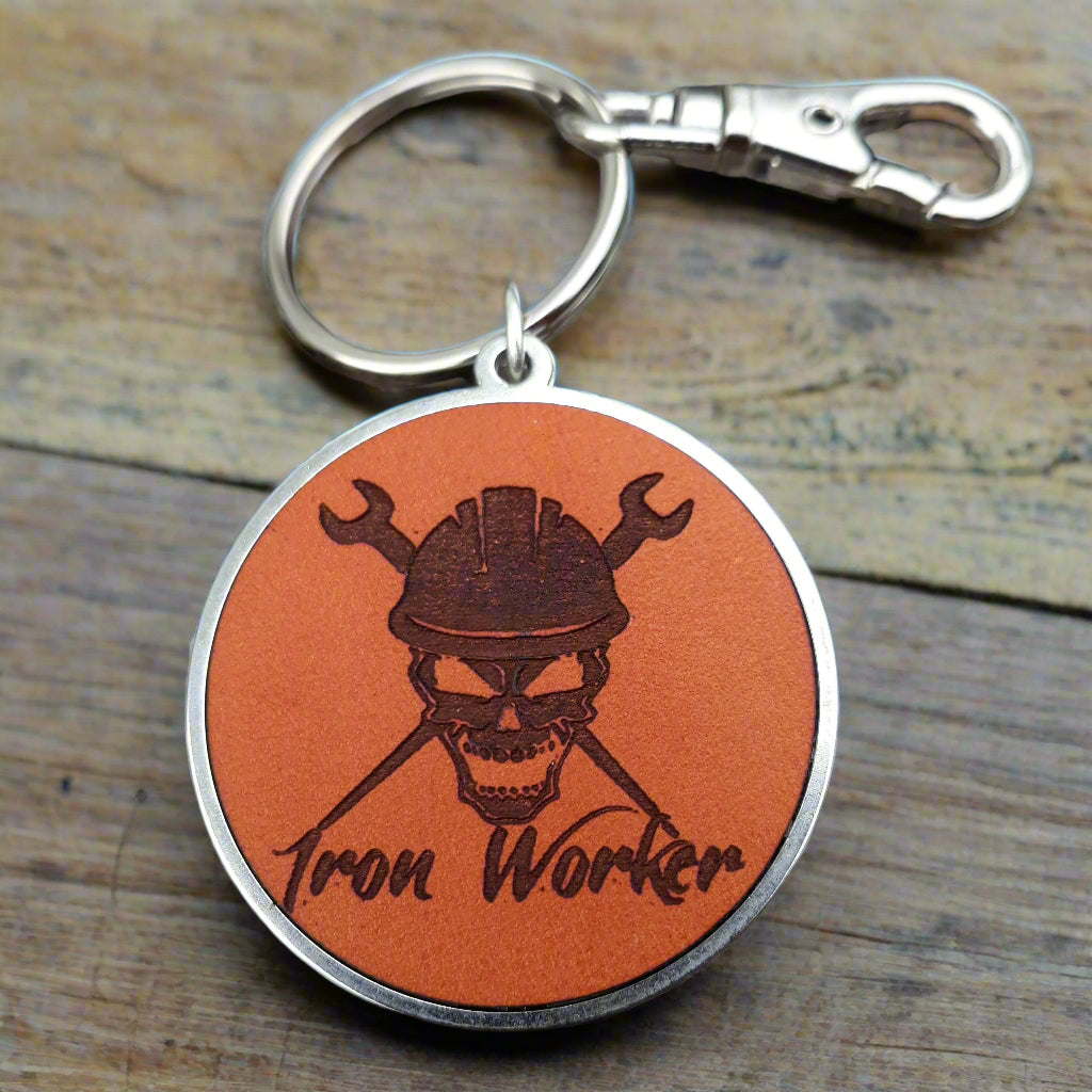 Iron worker journeyman spud wrench engraved Leather keychain