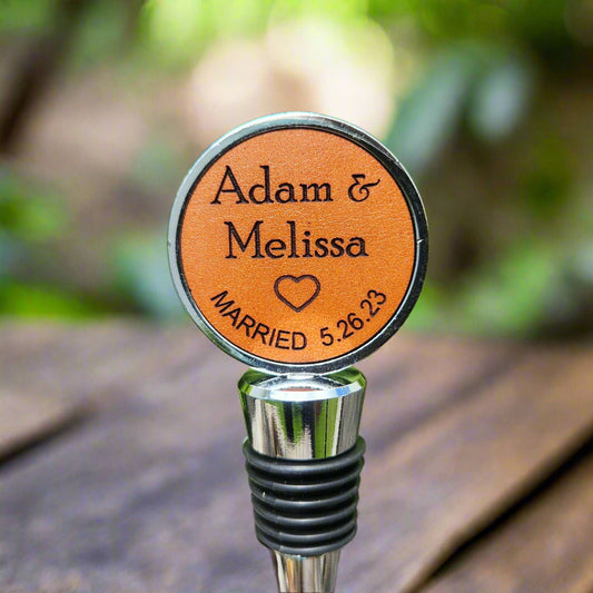 Personalized Wedding Day wine bottle stopper - gift for Bride & Groom -