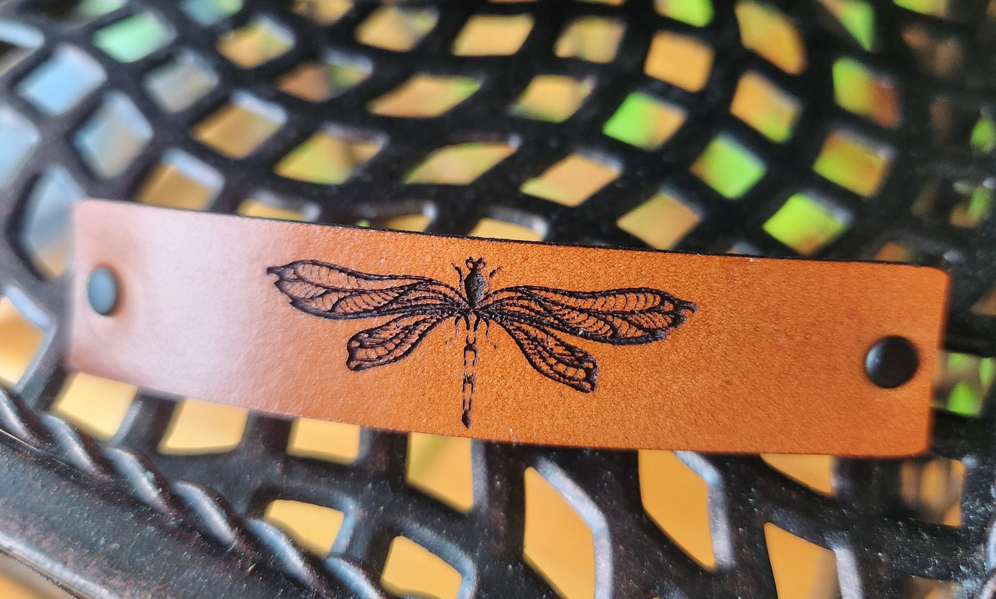 Dragonfly design leather barrette - engraved barrette