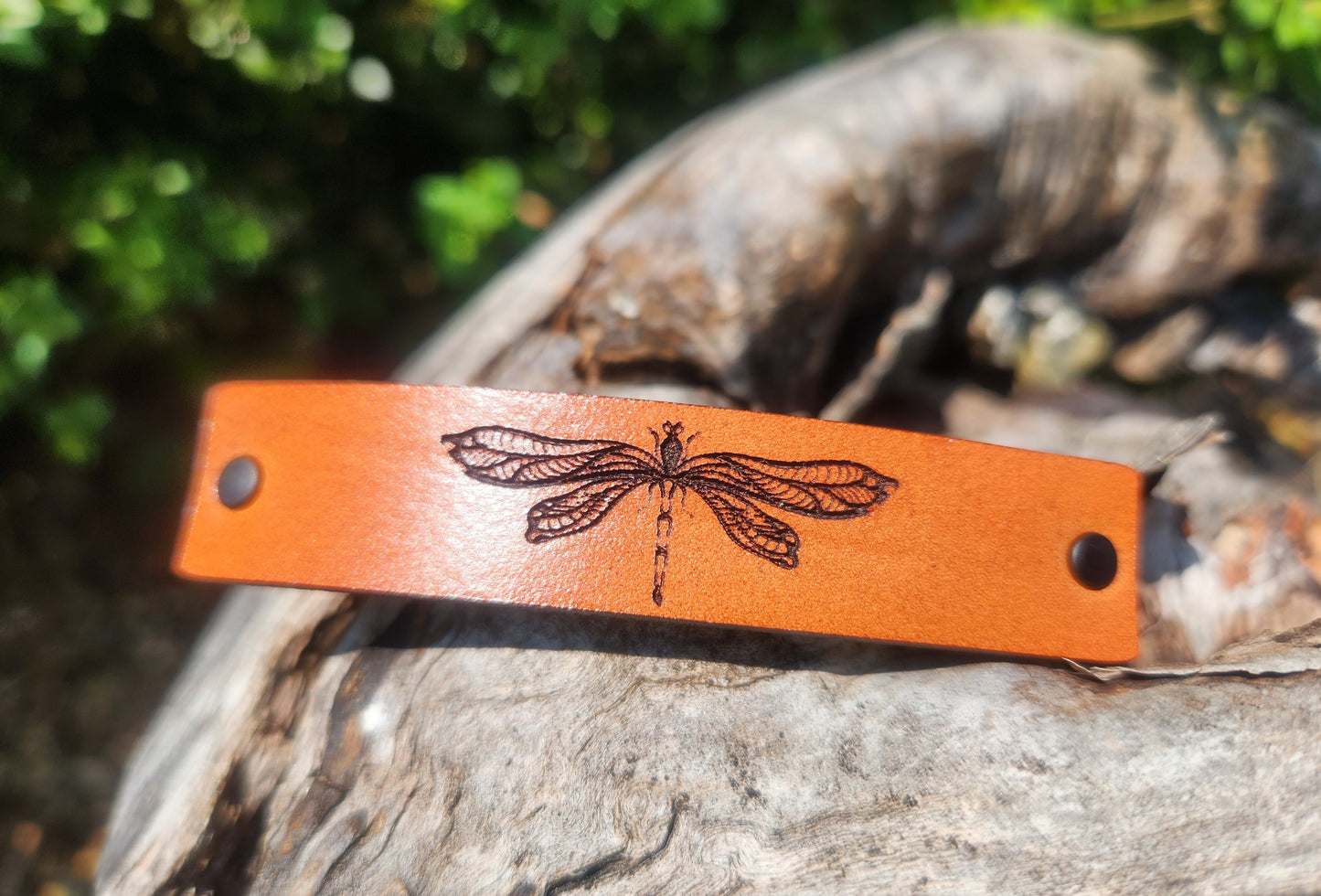 Dragonfly design leather barrette - engraved barrette