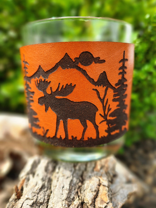 Moose Whiskey glass leather wrap - Cabin theme barware